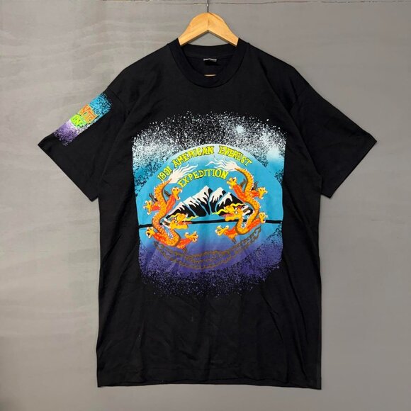Vintage 1991 American Everest‎ Expedition Crazy Black Puffy Print Tee Shirt XL - Picture 1 of 8